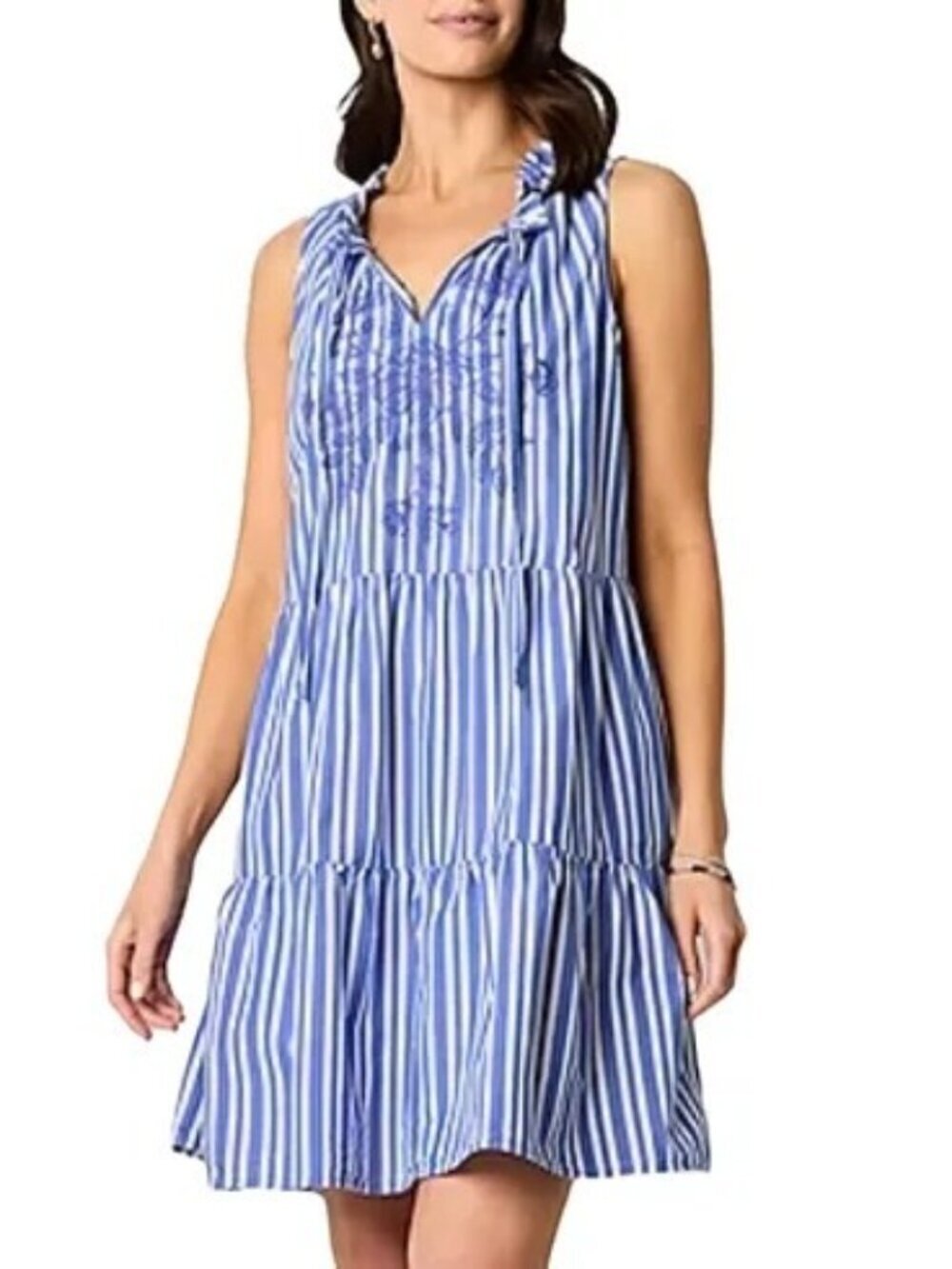 St. John's Bay Striped Tiered Dress Sleeveless Boho Embroidered Sundress Medium